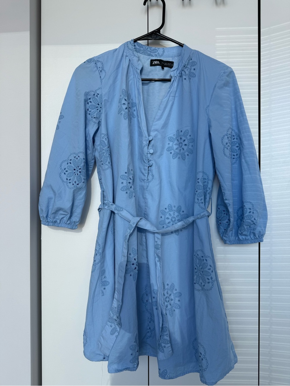 Zara Sky Blue Eyelet Embroidered Cotton Dress with Belt